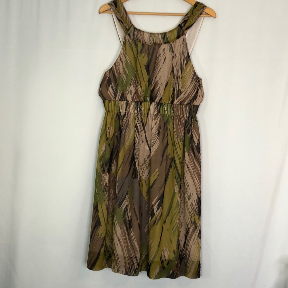 Anthropologie Olive Green and Brown Patterned Midi Dress